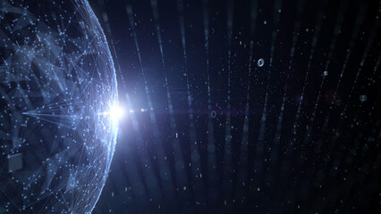 3d planet sphere and computer network with binary numbers on dark blue illustration background.