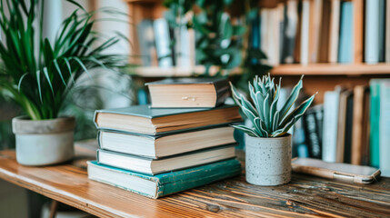 A fresh composition of a neat stack of books on a contemporary wooden desk, complemented by indoor plants for a lively vibe - obrazy, fototapety, plakaty