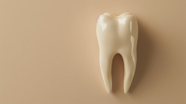 Single realistic molar tooth on beige background.