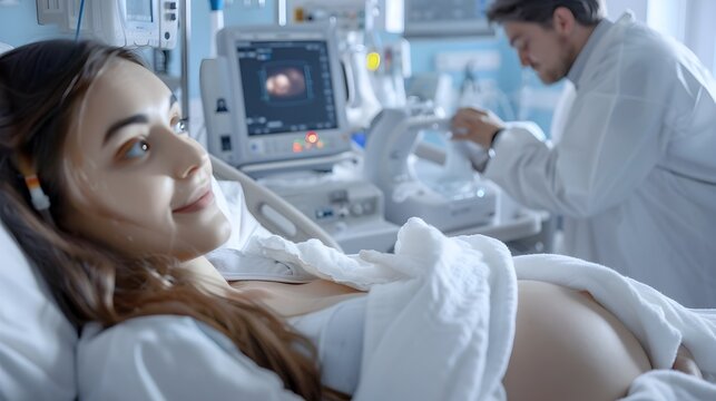 Young Pregnant Woman Experiences Joy in Hospital Ultrasound Checkup Generative ai