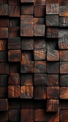 Dark oak wooden planks arranged into a sturdy wall structure. Background, wallpaper.