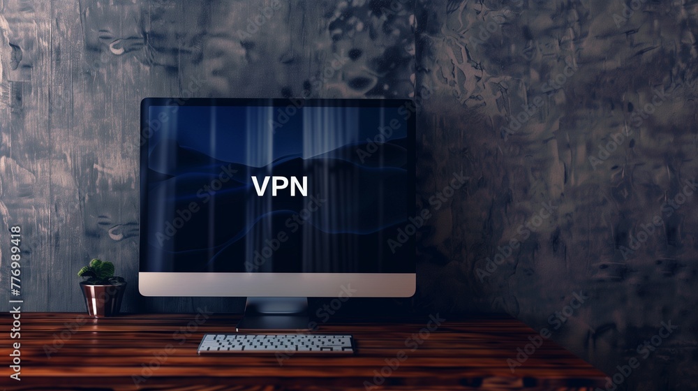 Poster a modern computer monitor displaying a black screen with the acronym vpn prominently featured in whi