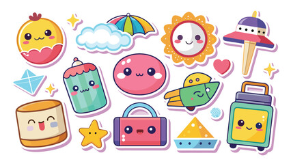  Kawaii traveling stickers and icon collection set minimal isolated flat illustration on white background