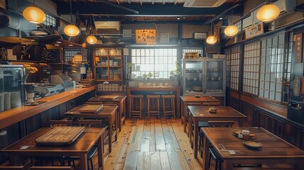 Empty kitchen in a traditional Japanese restaurant. Generative AI.