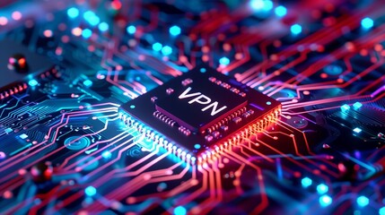 A close-up view of an electronic microchip circuit board with the acronym VPN visibly printed on its surface, symbolizing digital security and privacy technology.