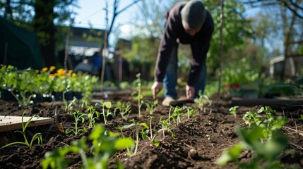 A gardeners hands planting young seedlings in fertile soil, nurturing growth in a vibrant springtime garden, with gardening tools nearby.