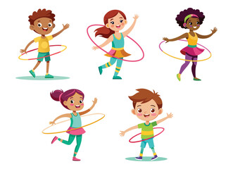 Children twirling Hula Hoops, joyful vector cartoon illustration. Energetic Kids engaging in playful activity.