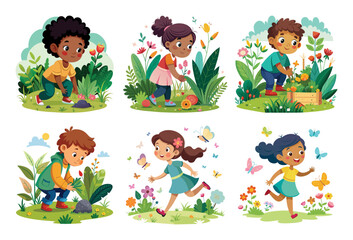 Kids engaged in gardening activities, vector cartoon illustration.