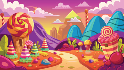 Whimsical candy land with sweet treats, Fantasy landscape vector cartoon illustration.