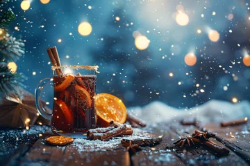 Foto op Plexiglas a glass of hot drink with orange slices and spices © Gheorghe