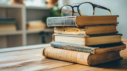 Weathered books with a pair of glasses on top create a scholarly atmosphere on this wooden table with soft lighting - obrazy, fototapety, plakaty