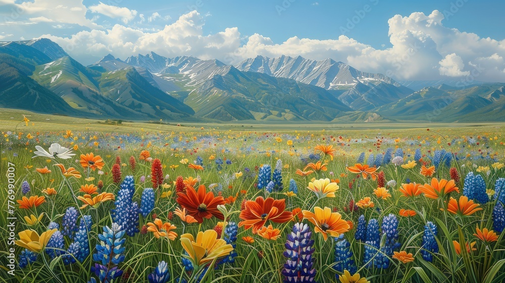 Poster spring wildflowers with mountains in the background. generative ai.
