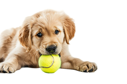 A Golden Retriever puppy happily playing with a tennis ball, pictured alone against a white background.






