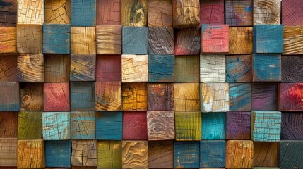 A wooden wall made up of various colors and textures of reclaimed wooden cubes, creating a mosaic pattern. Background, wallpaper.