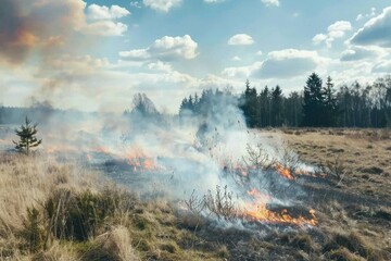 Wildfire burning under a cloudy sky in open field