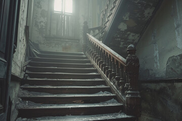 : A staircase in an old mansion, covered in dust - obrazy, fototapety, plakaty