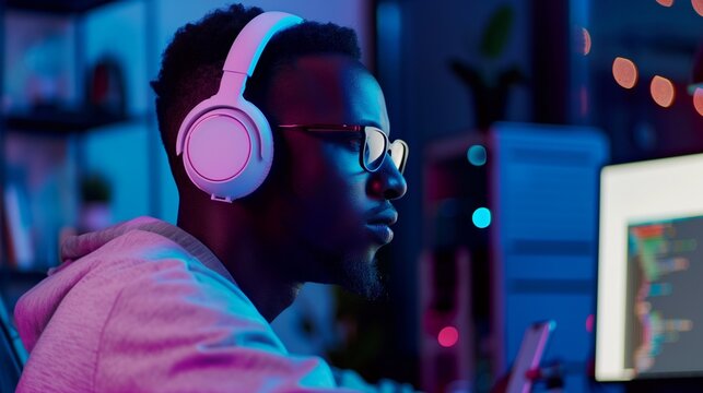 A focused software developer freelancer working on a laptop in a home office setup, coding and debugging applications.
