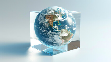 The earth is contained in an acrylic box, light color