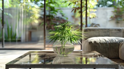 Cannabis culture's essence in minimalist living space with green plant accents. Connect with nature in a spacious room that captures the essence of cannabis culture through minimalist design.