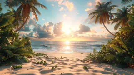 Tuinposter A painting depicting a beach scene with palm trees under a clear sky © Viktor