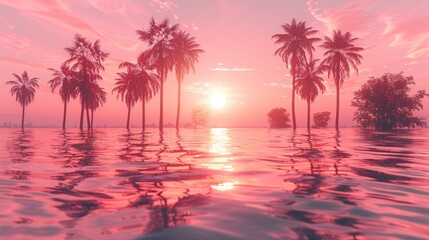 A pink sunset illuminates palm trees standing in the water