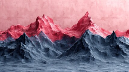 A vibrant painting of a mountain range in red and blue hues - obrazy, fototapety, plakaty