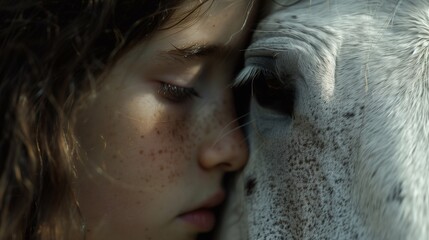 A young girl found peace in her connection with animals. A child touches his face to the muzzle of a white horse - obrazy, fototapety, plakaty