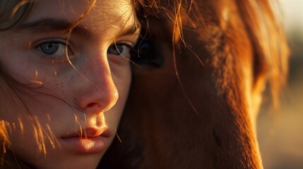 The girl looks at the camera touching her face to the horse's muzzle. Man and animal together. Woman in the wind in the sunset light - obrazy, fototapety, plakaty