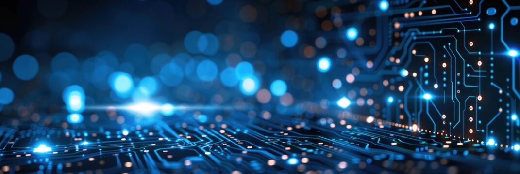 A detailed view of a computer circuit board with vibrant blue lights glowing