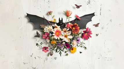 Assorted flowers digitally painted around a bat, set against a white wall background, creating a striking contrast and a vector art masterpiece, 