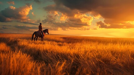 A man on a horse looks into the distance at a beautiful sunset and the setting sun in a field next to his farm - obrazy, fototapety, plakaty