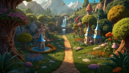 Fototapeta premium Beautiful View of Fairyland Castle Landscape, 3D Cartoon Illustration