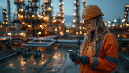 A woman wearing an orange jacket and hard hat examines a tablet device