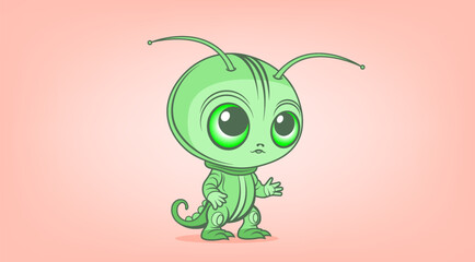 Vector cute cartoon little green alien child with antennas and tail. A big eyed, pleasant, kind extraterrestrial humanoid.