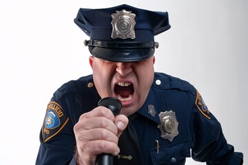 a man in a police uniform singing into a microphone - obrazy, fototapety, plakaty