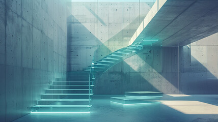 : A contemporary staircase with floating glass steps in a modern art museum.