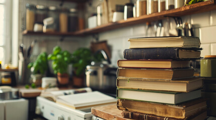 Neatly organized books stacked tall on a kitchen table, reflecting personal interests and a love for reading and cooking - obrazy, fototapety, plakaty