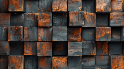 Detailed view of a wall constructed with wooden blocks and copper edging, showcasing an industrial chic design. Background, wallpaper.