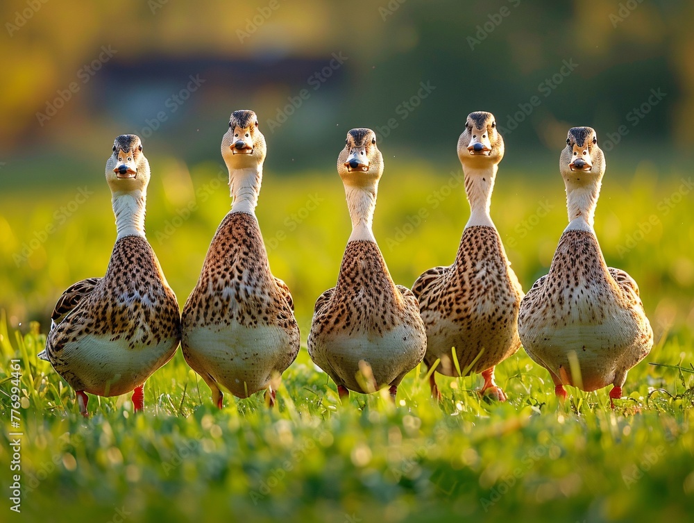 Poster a line of five ducks in a field generative ai