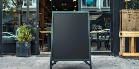 empty black billboard on the street in front of the restaurant, Mock up Signboard Blank black sign stand shop Restaurant cafe Menu - obrazy, fototapety, plakaty