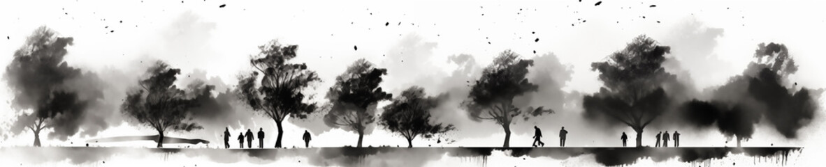 Monochromatic watercolor landscape with silhouettes of people. City park. Horizontal bar element for book design, divider, separator, footer or header for website.