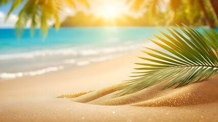 Beautiful-background-for-summer-vacation-and-travel--Golden-sand-of-tropical-beach--blurry-palm-leaves-and-bokeh-highlights-on-water-on-sunny-day