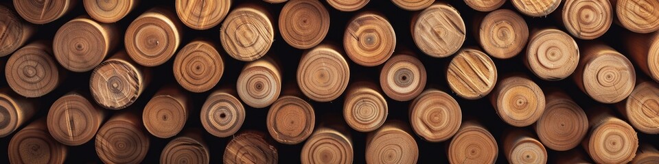 A stack of wood logs arranged in a uniform and cylindrical order against a wooden background, banner