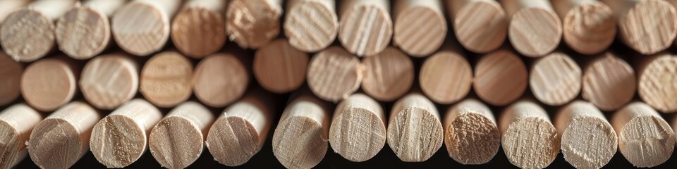 Collection of uniform, cylindrical wooden pencils on a wooden background close-up, banner