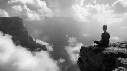 Black and white images that capture moments of solitude Where a person sits on the edge of a cliff overlooking a vast valley filled with clouds below.