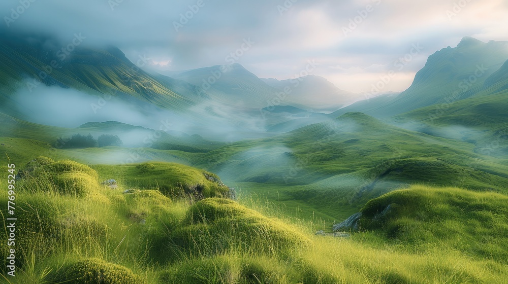 Poster a serene morning in the highlands, with mist rolling over lush green hills and the first light of da