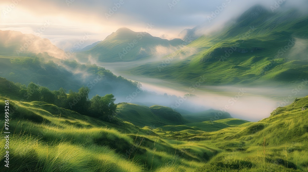 Poster a serene morning in the highlands, with mist rolling over lush green hills and the first light of da