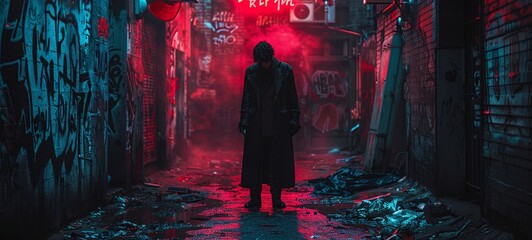 The Lonely Vigilante in the Dystopian Alley Generative AI - obrazy, fototapety, plakaty