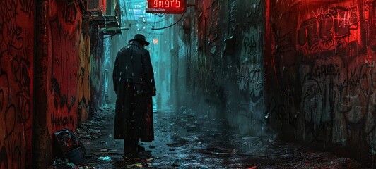 The Lonely Vigilante A Dark, Rainy Night in a Dystopian City Generative AI - obrazy, fototapety, plakaty