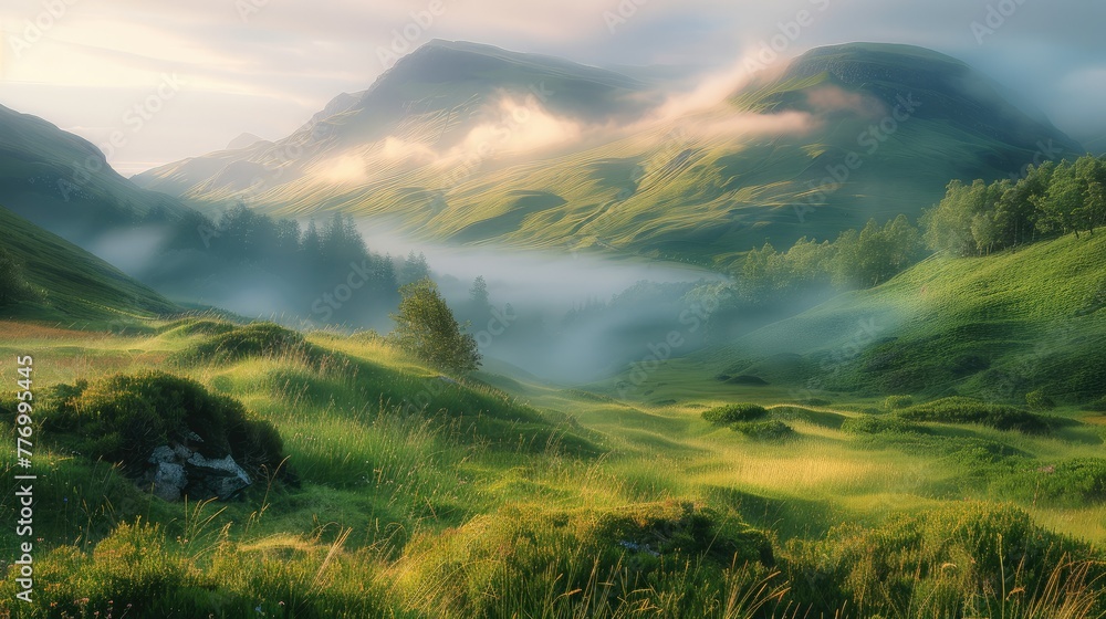 Poster a serene morning in the highlands, with mist rolling over lush green hills and the first light of da
